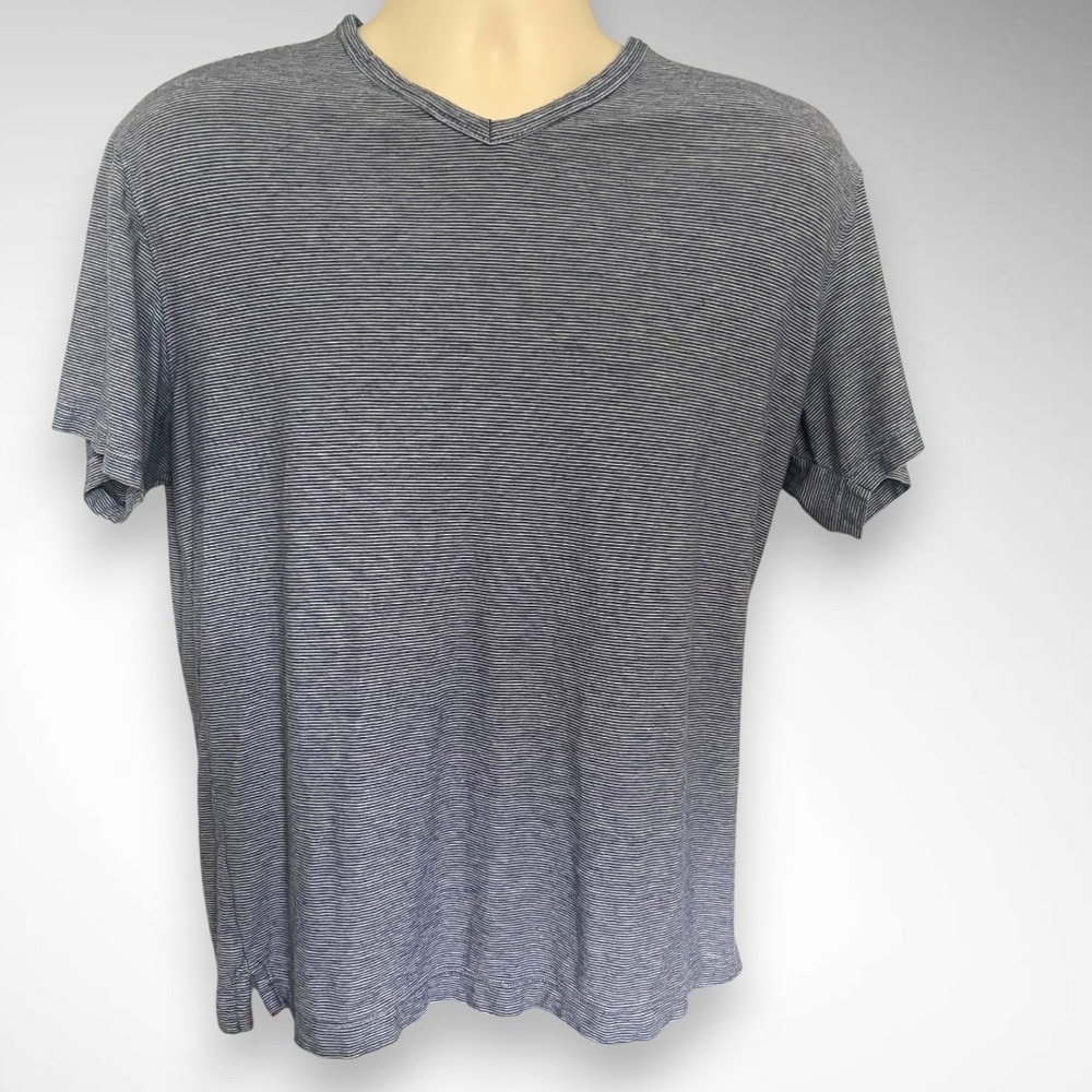 ROBERT GRAHAM Navy & White Micro Striped Classic Fit V-Neck T-Shirt Medium